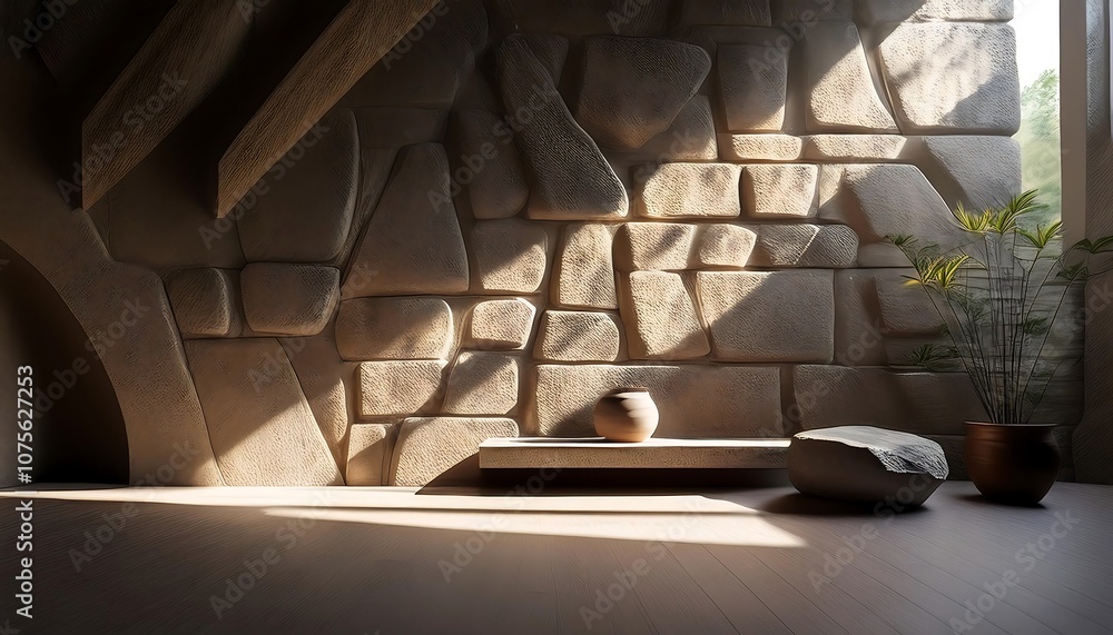 Poster  Light filters through a rough stone wall, casting geometric patterns on a minimalist ro_1(1404)