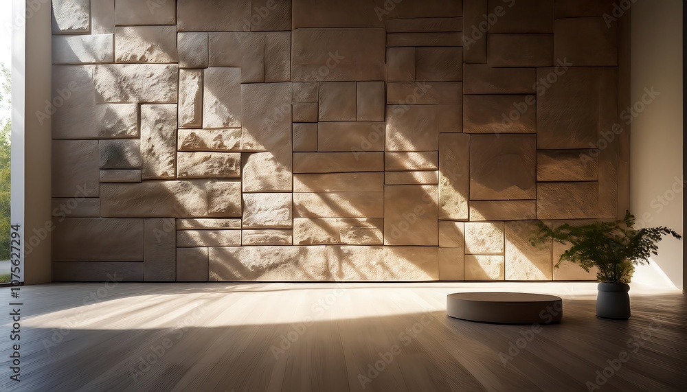 Poster light filters through a rough stone wall, casting geometric patterns on a minimalist room w_1(1403)