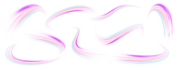 Set of neon speed lines on transparent background PNG. Vector set of lines with a swirl effect on an isolated background in PNG format.