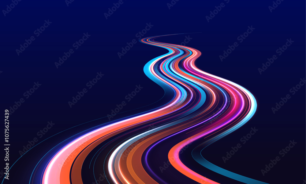 Fototapete Big data traffic visualization, dynamic high speed data streaming traffic. Image of speed motion on the road. Abstract background in blue and purple neon glow colors.