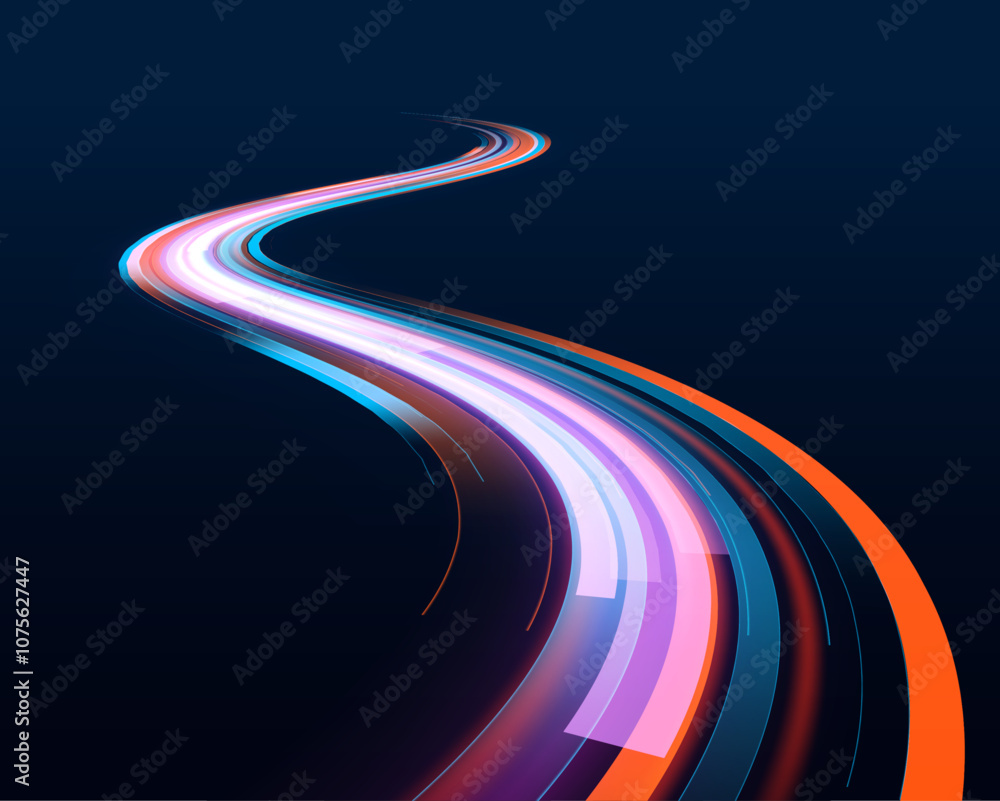 Poster abstract image of speed motion on the road. dark blue abstract background with ultraviolet neon glow