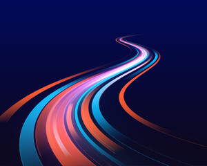 Night motorway with light effects in neon colors purple, blue and red. Abstract futuristic background with glowing light effect. Vector illustration.