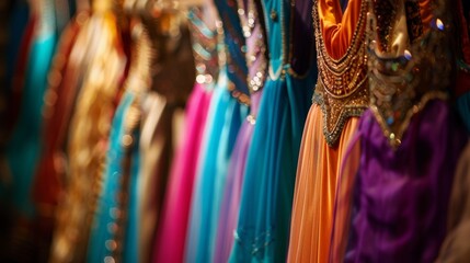 A closeup of a dancers costume hanging on a rack with other performance outfits awaiting its turn...