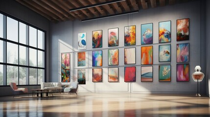 Modern living room interior with stylish dresser, framed artwork on a gray wall.