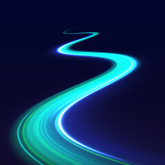 Image with the effect of high-speed movement on the road, green stripes on a dark background. Light trail wave, fire path trace line, car lights, optic fiber and incandescence curve twirl.