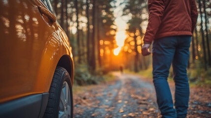 Man walking away from his car on a forest path at sunset.