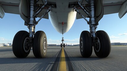 Close up view of airplane landing gear on runway.