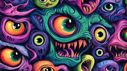 Fototapeta premium A vibrant, surreal artwork featuring a chaotic blend of colorful monster faces with exaggerated eyes and sharp teeth.