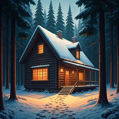 Cabin in the woods winter snow Christmas cozy warm fire