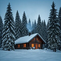 Cabin in the woods winter snow Christmas cozy warm fire