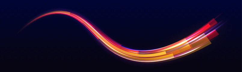 Neon color glowing lines background, high-speed light trails effect. Modern abstract high-speed light motion effect on black background. Light motion effect, slow shutter of traffic.	