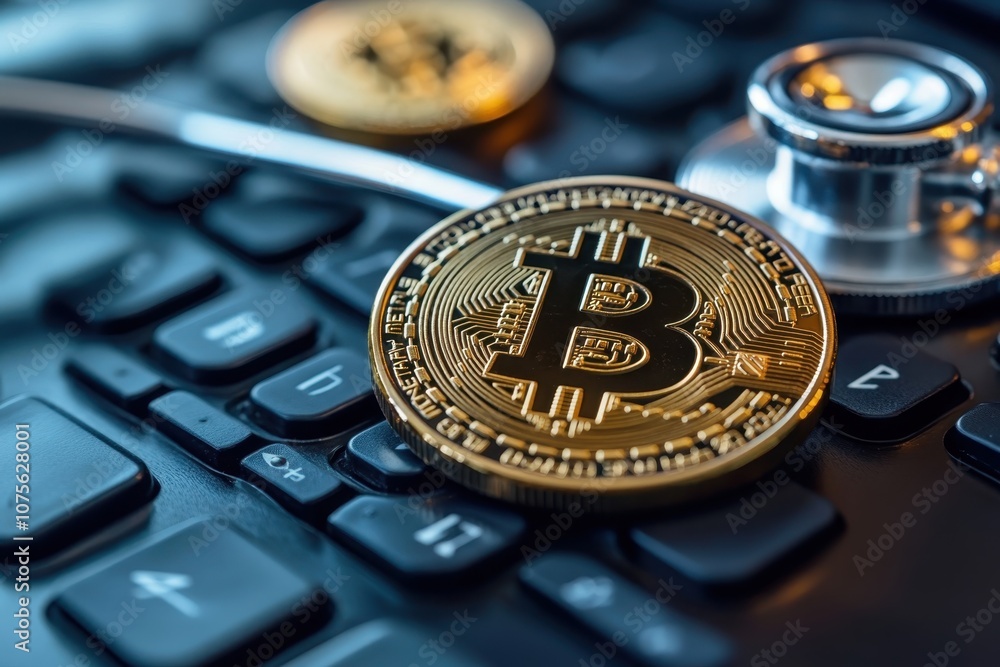 Poster exploring the intersection of cryptocurrency and healthcare in a modern digital workspace