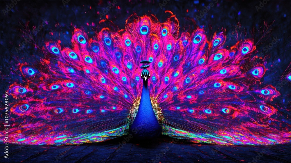 Poster a stunning peacock displaying its vibrant, iridescent feathers in a dazzling array of colors.