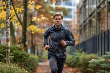 Obraz premium Full body photo of male Caucasian running outside.