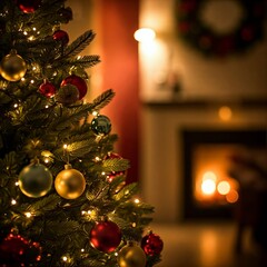 Holiday Christmas tree in front of fire place beautiful cozy image photo asset warm ornaments