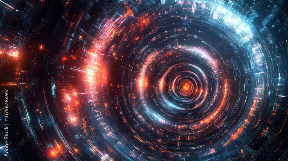 Aufkleber abstract digital vortex in vibrant colors with glowing particles and swirling lights, creating a sen
