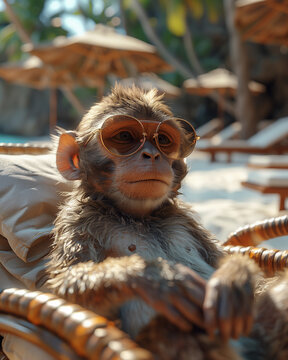 Monkey wearing sunglasses lies on a deck chair under an umbrella and rests. Sunbathing. sunbeds with umbrellas. palm trees. Mankey on the beach. summer, vacation, trip, sea, recreation travel	