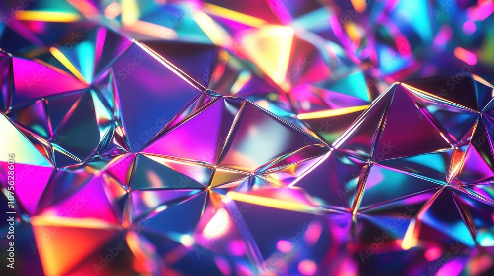 Poster a vibrant abstract backdrop featuring multi-faceted, reflective pyramidal shapes in dazzling colors.