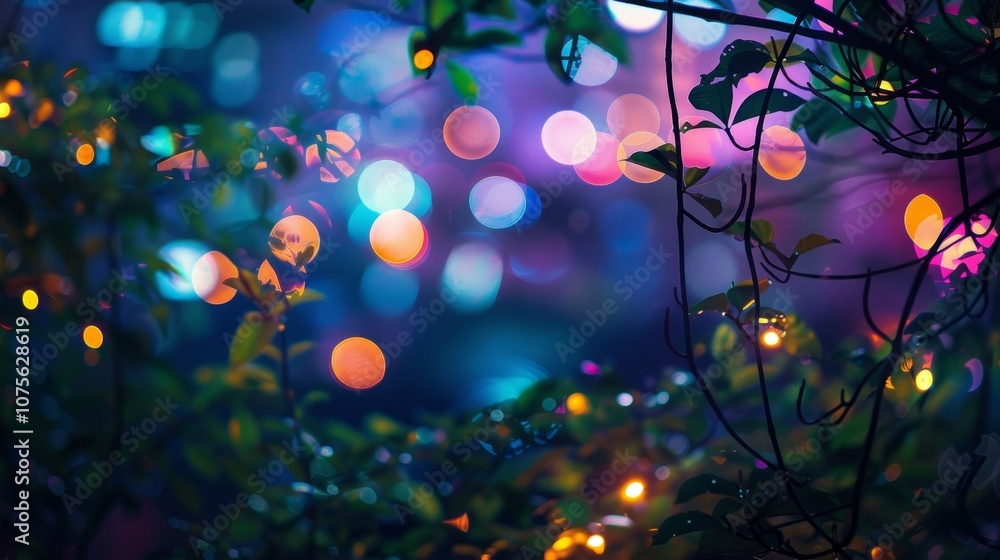 Poster the colorful lights of the city peek through the trees surrounding the observatory creating a magica