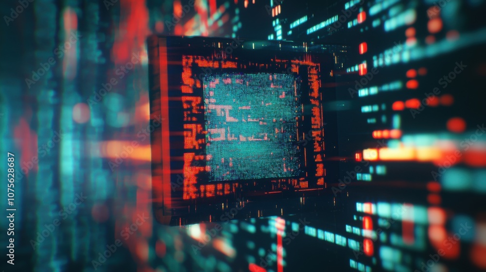 Poster a vibrant digital abstract featuring a central microprocessor with glowing circuits and data streams