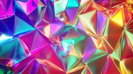 Colorful abstract geometry with iridescent facets creating a vibrant, dynamic visual experience.