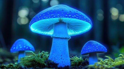 A stunning display of luminescent blue mushrooms in an enchanting forest setting, showcasing their vibrant glow.