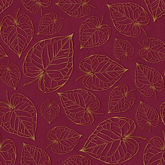 Seamless floral botanical pattern wшер gold graphic leaves on textured background