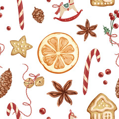 Cute Christmas seamless pattern with elements of New Year's decor. New Year's bells, gingerbread, cardamom, Christmas tree toy horse, branch with berries on white background.