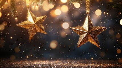 Sparkling golden stars hanging against a blurred festive background, capturing the essence of the holiday season.