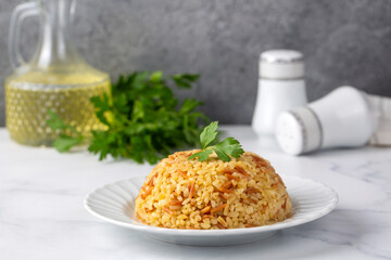 Traditional delicious Turkish food, bulgur pilaf with vermicelli (Turkish name; arpa sehriyeli bulgur pilavi)