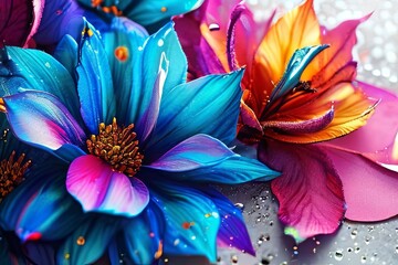 Closeup of stunning flower with rich blue, purple hues accented by bright yellow stamens. For uplifting nature designs, colorful artistic composition, background, greeting card, print, textile design.