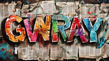 Fototapeta premium Colorful graffiti artwork spelling 'GWRAY' against a backdrop of layered newspaper clippings, creating a vibrant urban feel.