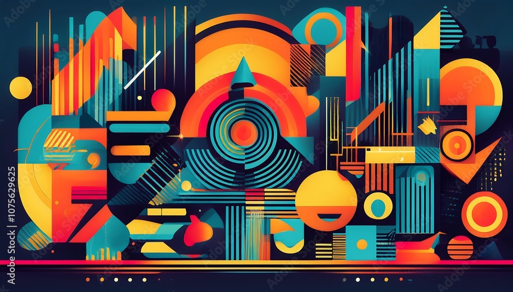 Aufkleber  Geometric shapes and icons in flat vector form create a colorful futuristic design with bru_1(1248)