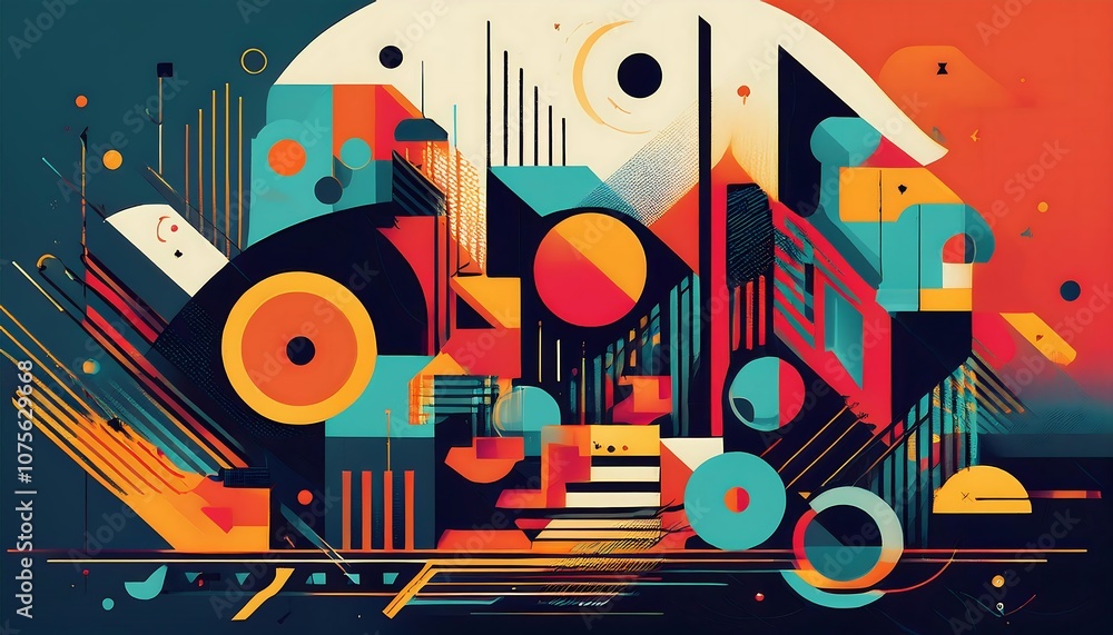 Aufkleber  Geometric shapes and icons in flat vector form create a colorful futuristic design with bru_1(1246)