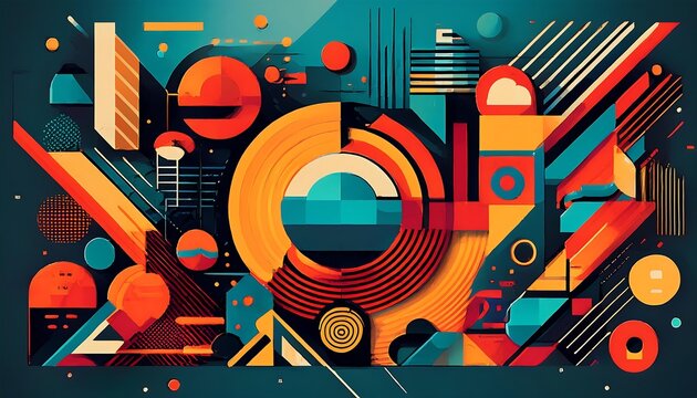  Geometric shapes and icons in flat vector form create a colorful futuristic design with bru_1(1247)