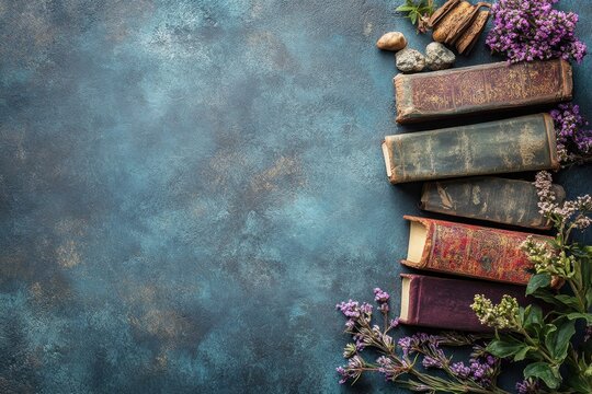 Old books surrounded by flowers and stones on a textured blue background in natural light