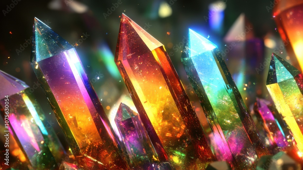 Poster vibrant multicolored crystal formations reflecting light in a dazzling display of color.