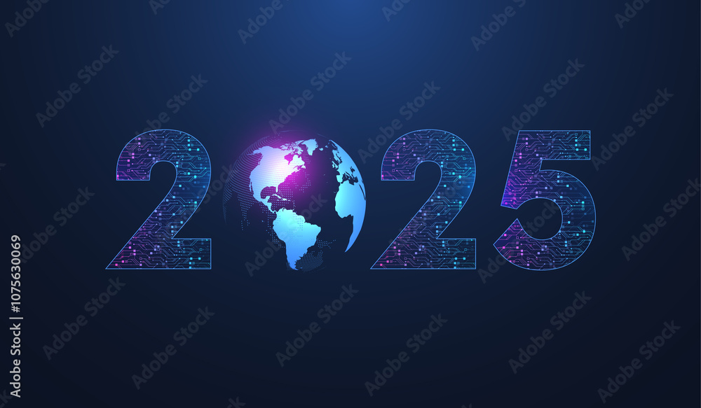 Poster Digital technology abstract poster template 2025 with circuit board texture. Tech digital banner or header 2025 New year