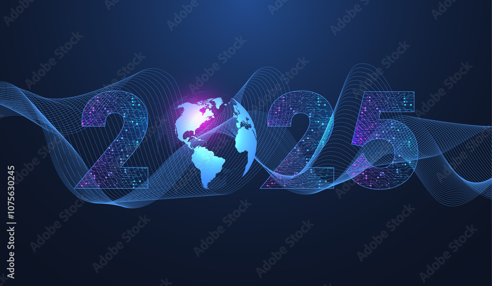 Poster Digital technology abstract poster template 2025 with circuit board texture. Tech digital banner or header 2025 New year