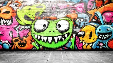 Colorful graffiti featuring playful cartoon monsters on a vibrant wall.
