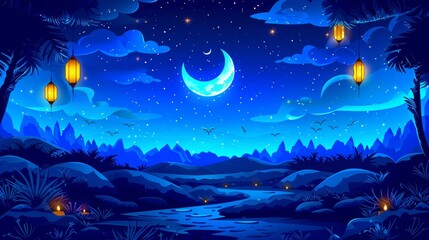 Crescent moon illuminates night sky filled with stars and lanterns for ramadan celebration