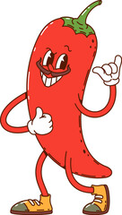 Groovy red chili pepper vegetable character. Agriculture whole veggie retro hippie vector mascot, hot chili pepper funny mascot or vegetarian food organic farm product groovy isolated character