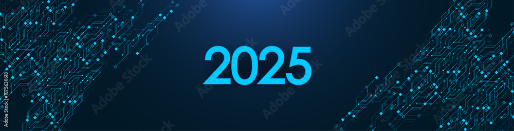 Aufkleber Digital technology abstract poster template 2025 with circuit board texture. Tech digital banner or header 2025 New year