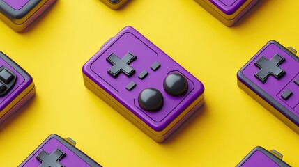 Colorful retro game controllers in purple and black, arranged on a vibrant yellow background.