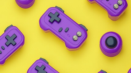 Colorful purple game controllers and joystick on a vibrant yellow background, perfect for gaming enthusiasts.