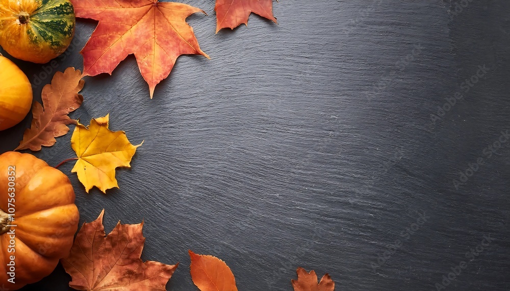 Poster flat lay background with autumnal hues on a grey slate texture, ideal for design elements a_1(1182)