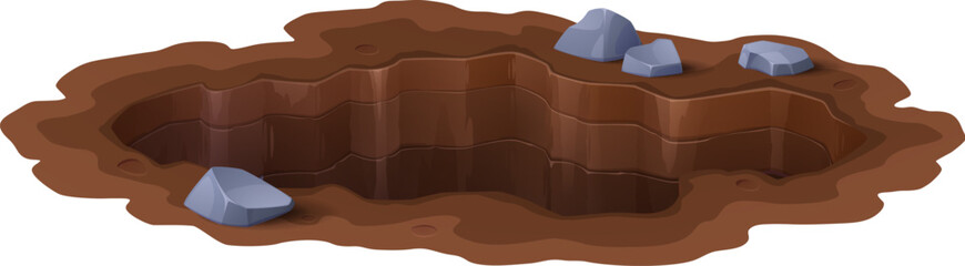 Cartoon deep dirty pit and burrow, ground hole. Isolated vector natural dirty gap in forest or garden, surrounded by muddy, brown earth and scattered rocks, suggesting a wild terrain with soil or mud