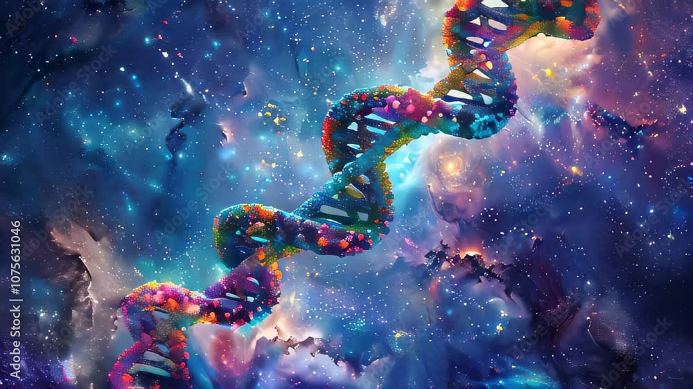 Poster exploring the abstract dna spiral weaving through the vast universe of stars and galaxies