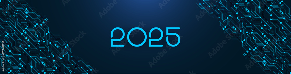 Poster Digital technology abstract poster template 2025 with circuit board texture. Tech digital banner or header 2025 New year