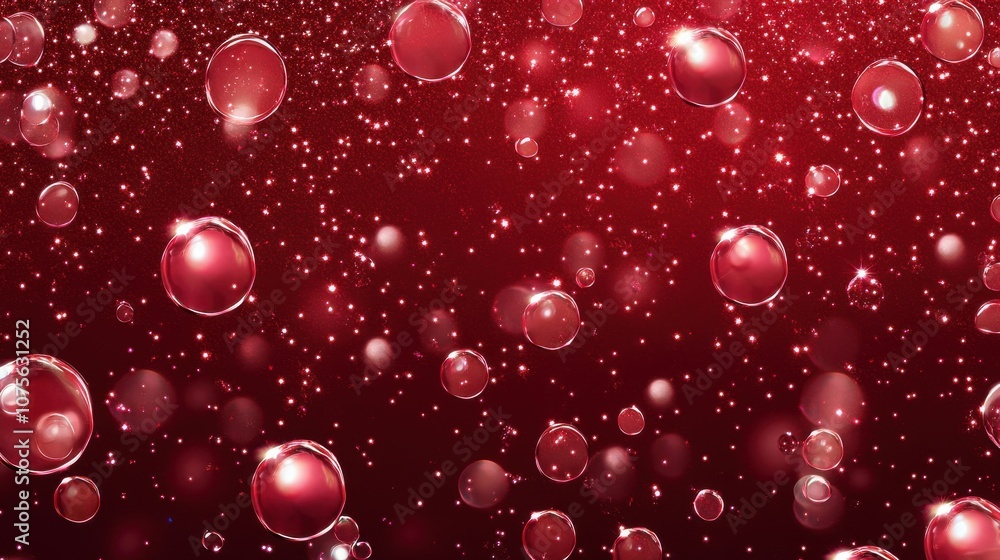 Poster a mesmerizing display of shimmering bubbles against a rich red background, creating a festive and vi